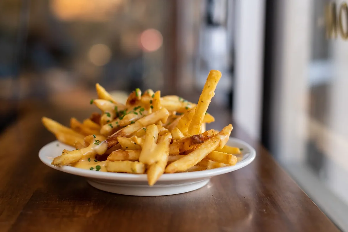 Plate of cheese fries topped with chives on wooden bar