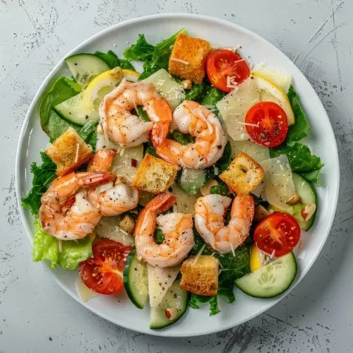 Shrimp Caesar salad with croutons, cucumbers, tomatoes, and cheese on a white plate.