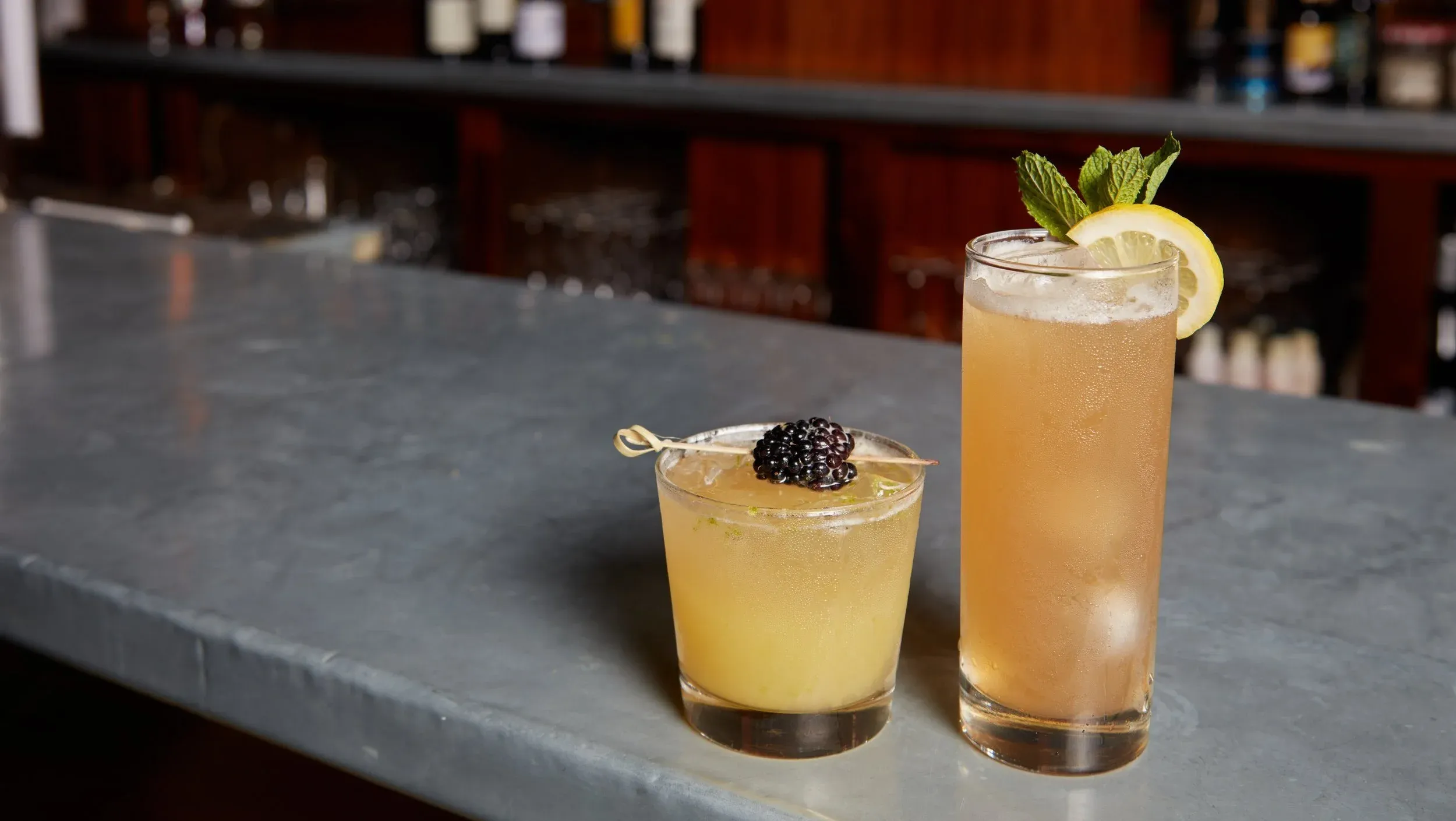 Two cocktails, one garnished with a blackberry, the other with lemon and mint.
