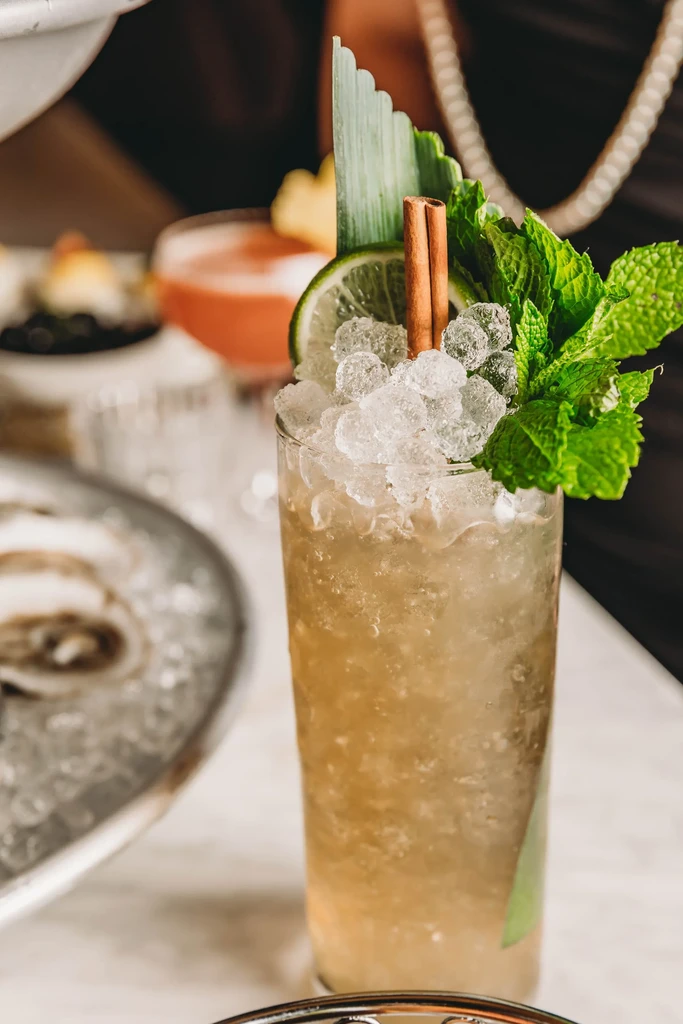 Iced cocktail garnished with mint, lime, and cinnamon stick on a table.
