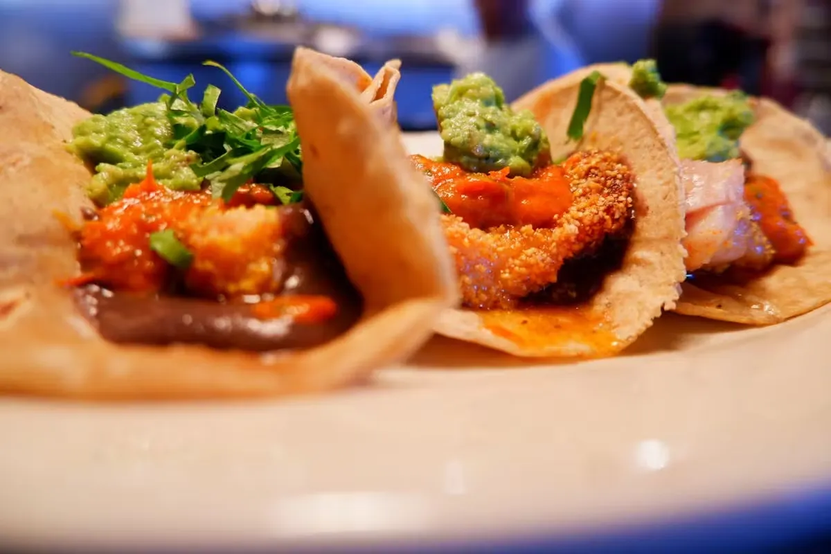 Three tacos on a white plate, topped with guacamole and sauce.