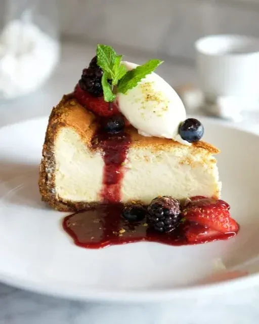 A slice of cheesecake with berries, sauce, ice cream, and mint.