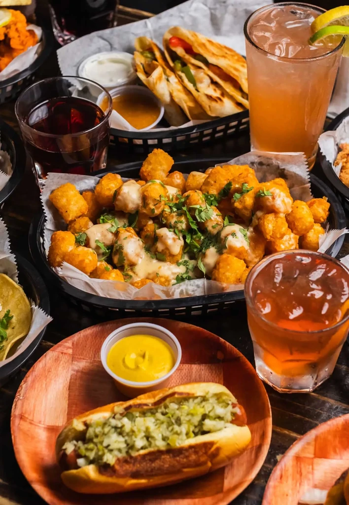 A table full of hot dogs, tots, tacos, and drinks.