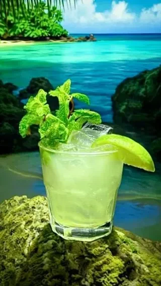A mojito cocktail on a mossy rock with a tropical beach in the background.