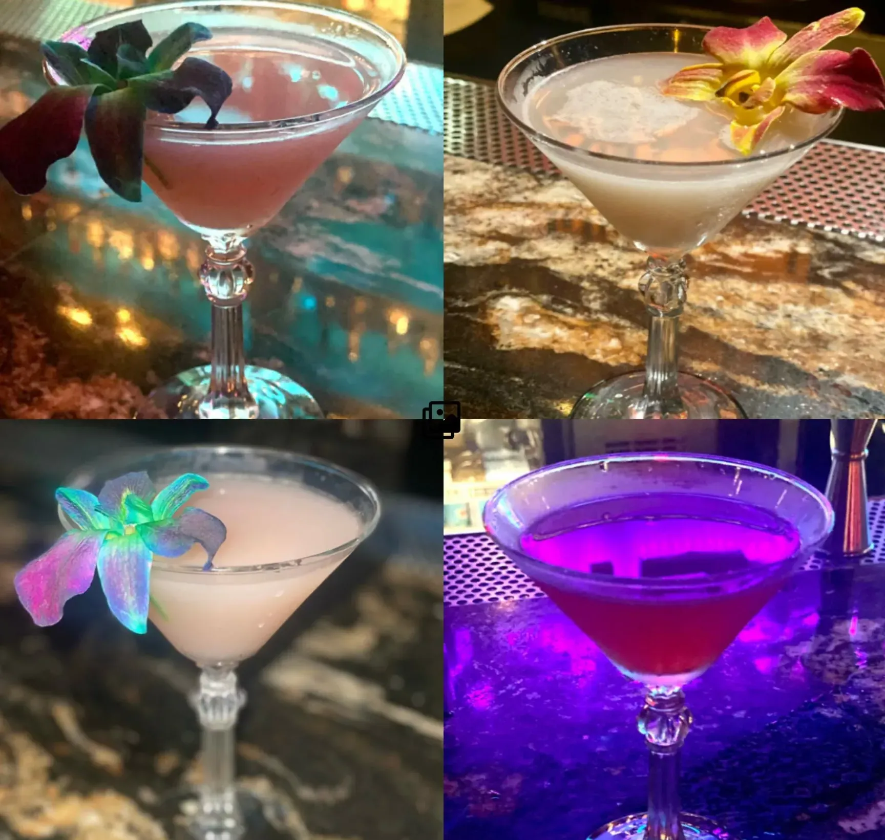 Four colorful cocktails in martini glasses, some with orchid garnishes.