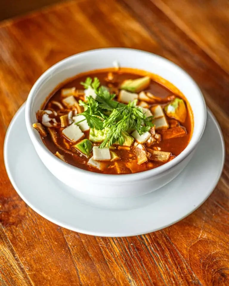 A bowl of rich red soup with avocado, cheese, and cilantro.