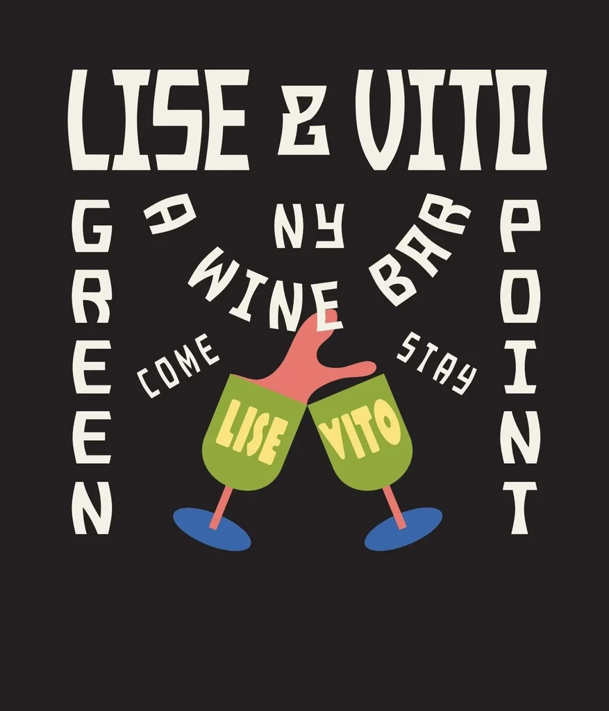 "Lise & Vito" wine bar graphic with two toasting wine glasses.