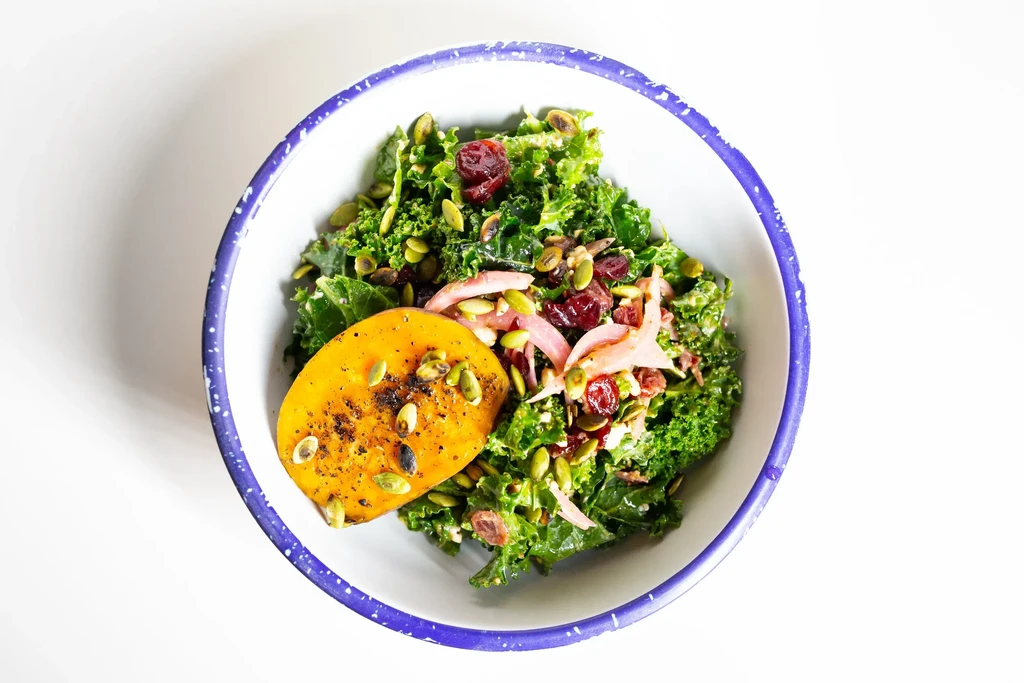 Overhead view of a salad with kale, squash, and cranberries in a bowl.