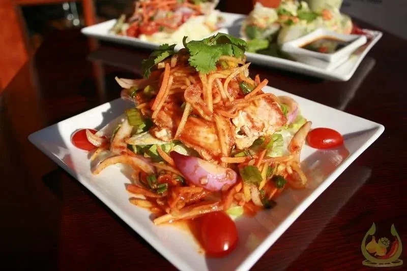 Spicy Thai chicken salad on a white plate with tomatoes.