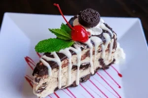 A slice of cookies and cream ice cream cake with a cherry.