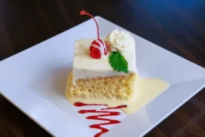Slice of tres leches cake with cherry, whipped cream, and mint.