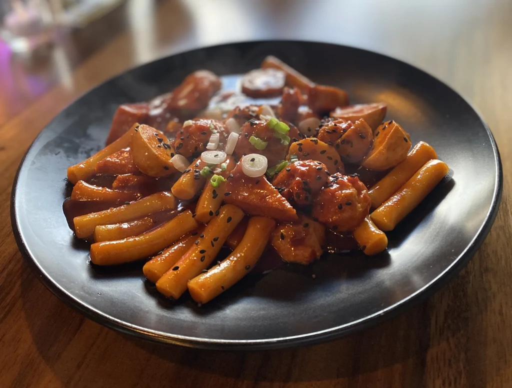 Tteokbokki with rice cakes, fish cakes, and meatballs in red sauce.