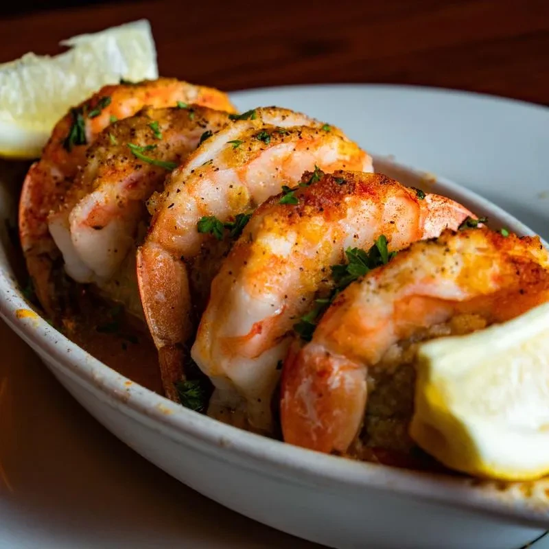 Close-up of five baked shrimp with lemon slices in a white dish.
