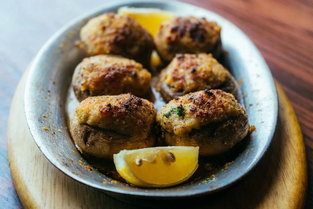 A metal plate holds six stuffed mushrooms with a lemon wedge.