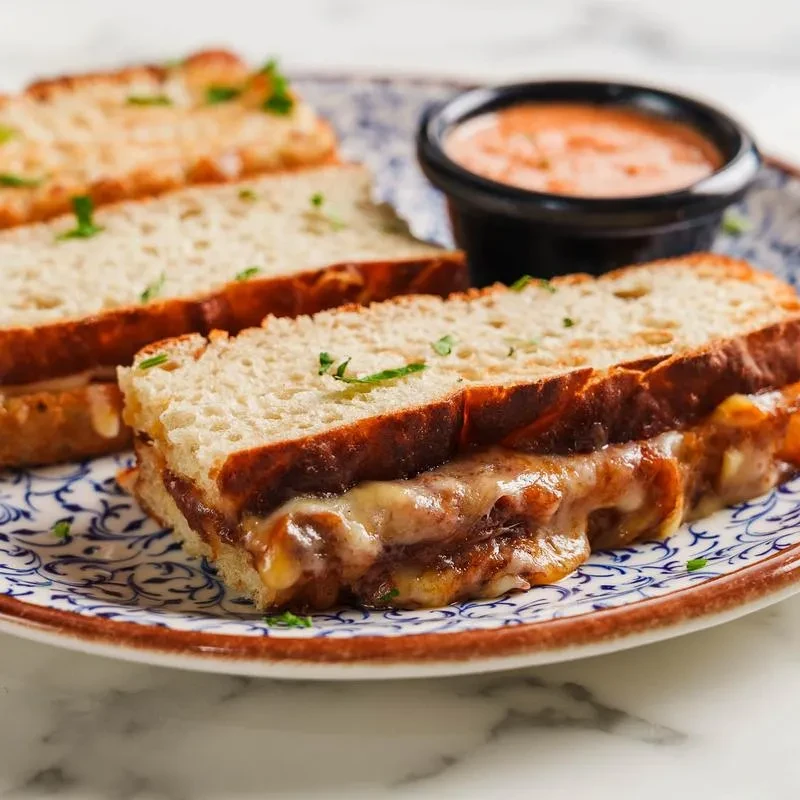 Grilled cheese sandwich halves with melted filling and a side of tomato soup.