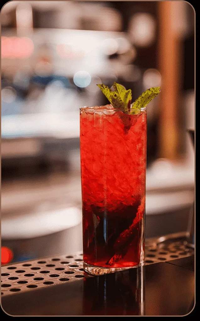 A tall glass of red drink with mint leaves on a bar.