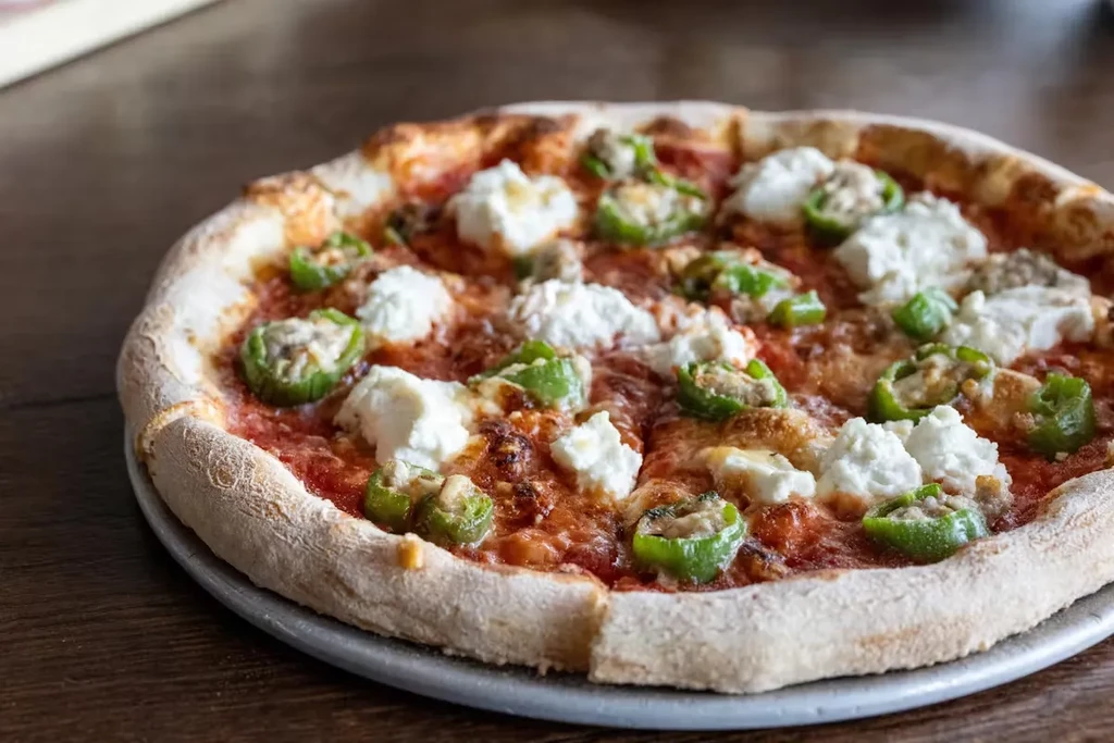Pizza with tomato sauce, mozzarella, green peppers, and ricotta cheese.