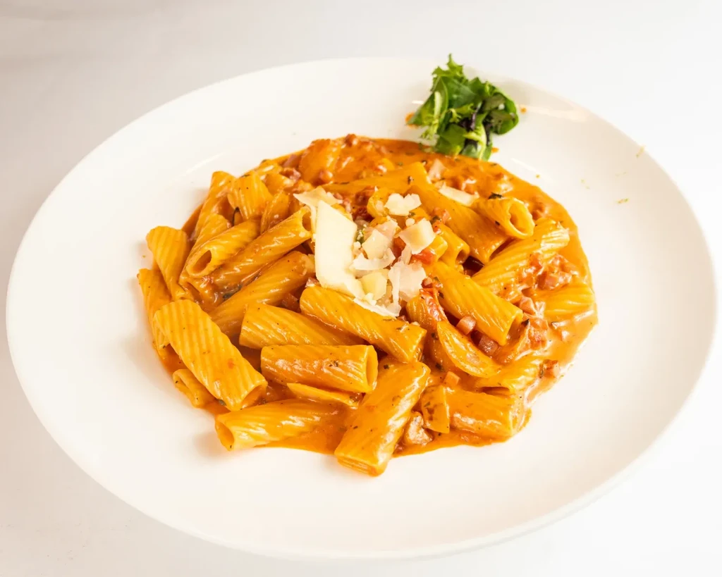 A plate of rigatoni pasta in a creamy tomato sauce.