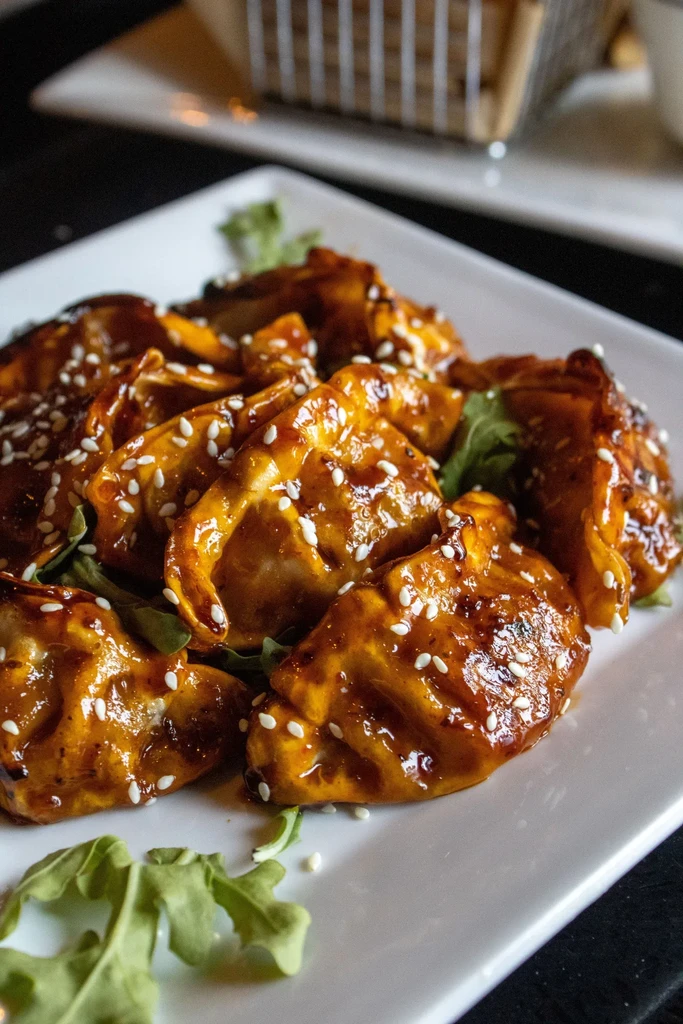 A close-up of glazed dumplings sprinkled with sesame seeds on a white plate.