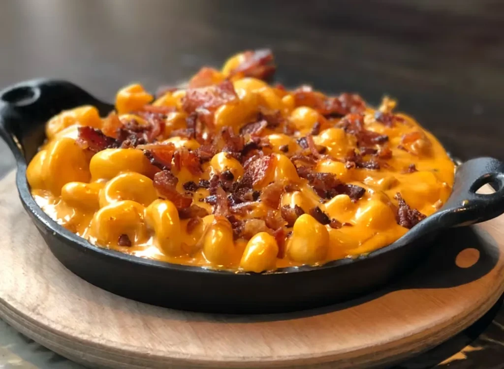 A cast iron skillet of macaroni and cheese topped with bacon bits.