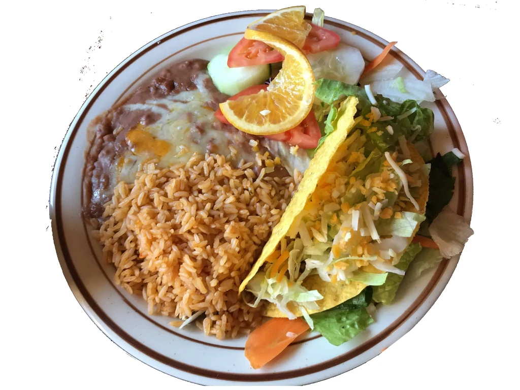 A plate of refried beans, rice, and a taco with salad.