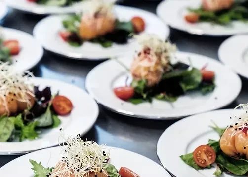 Many plates of salads with salmon, tomatoes, and sprouts.