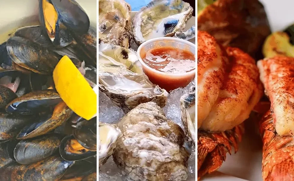 A triptych of mussels, oysters, and lobster tails.