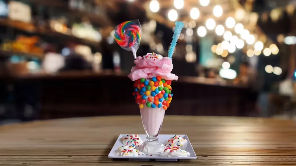 A dessert milkshake with candy, cotton candy, and whipped cream.