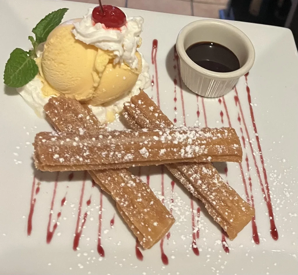 Dessert plate with churros, vanilla ice cream, whipped cream, and chocolate sauce.
