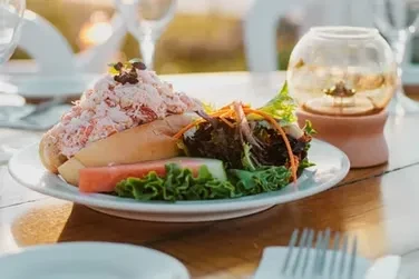 Lobster roll and side salad on a white plate outdoors.