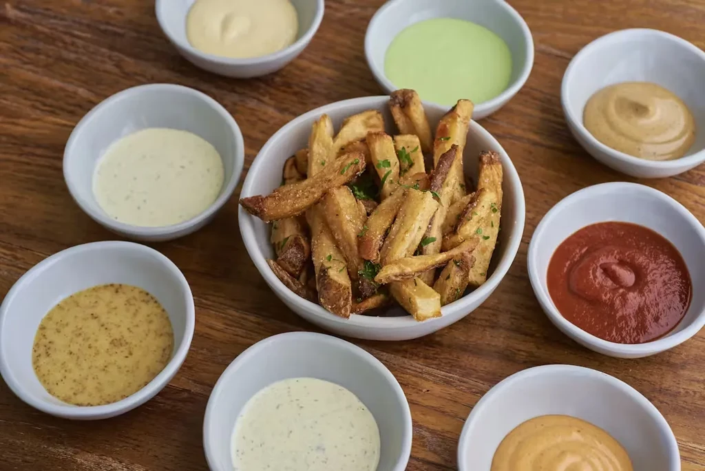 A bowl of fries surrounded by seven small bowls of dipping sauces.