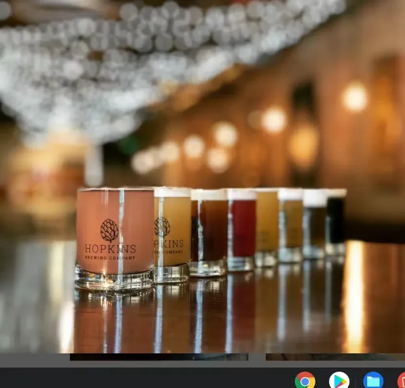 A flight of eight beers from Hopkins Brewing Company on wood.