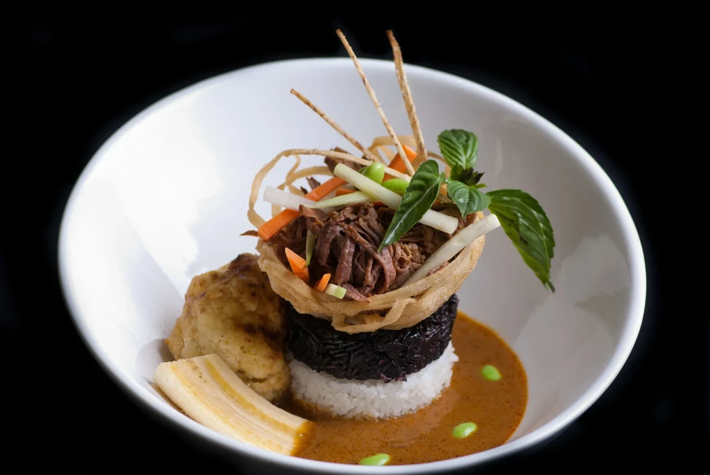 Artfully plated dish: rice, crispy basket, shredded meat, vegetables, rich sauce.