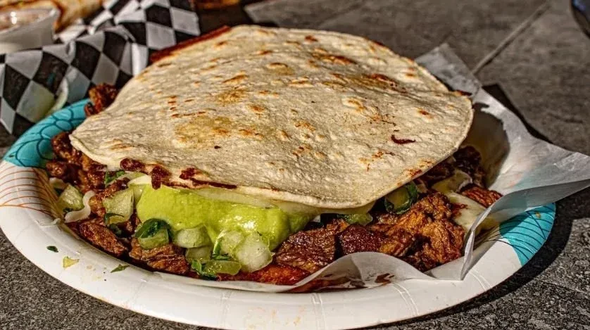 Large, filled tortilla with meat, avocado, and cheese on a paper plate.