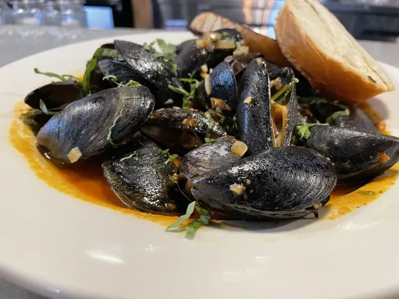 Steamed mussels in red-orange broth, garnished with herbs and toast.