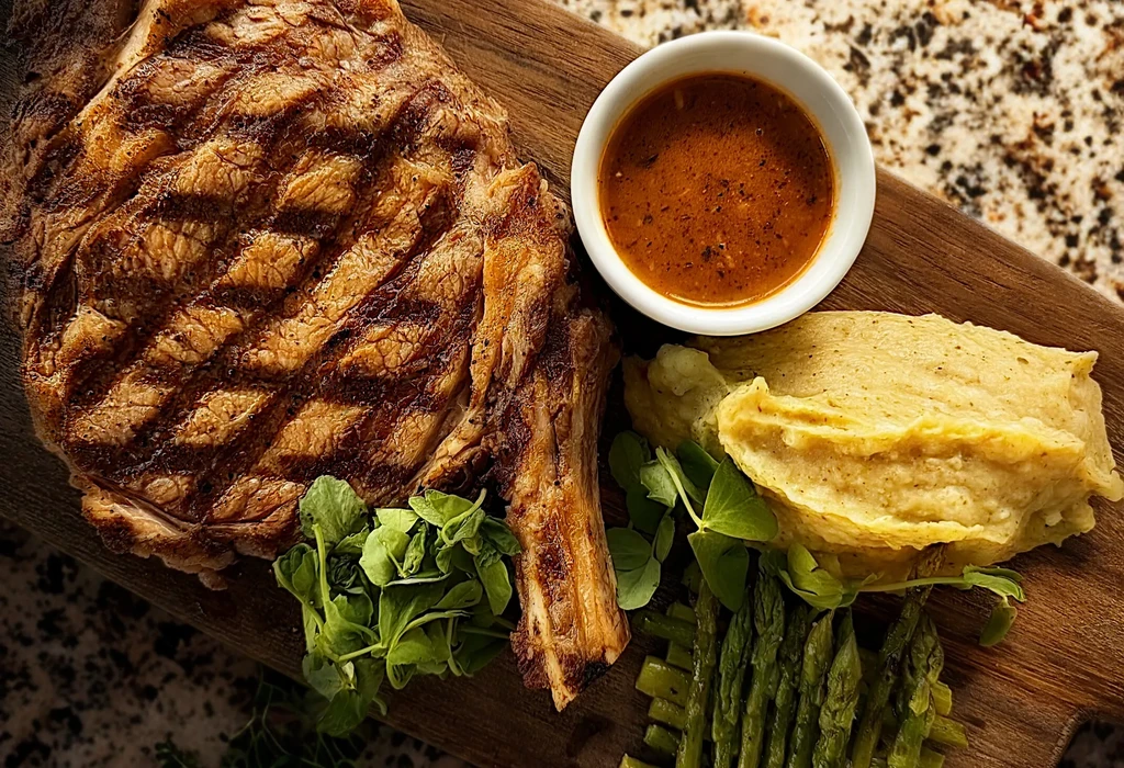 Grilled steak, mashed potatoes, asparagus, and sauce on a rustic wood board.