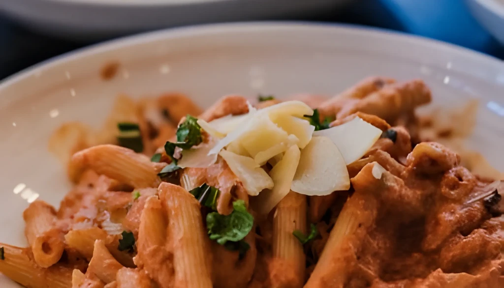 Penne pasta in creamy reddish-orange sauce, topped with cheese and herbs.
