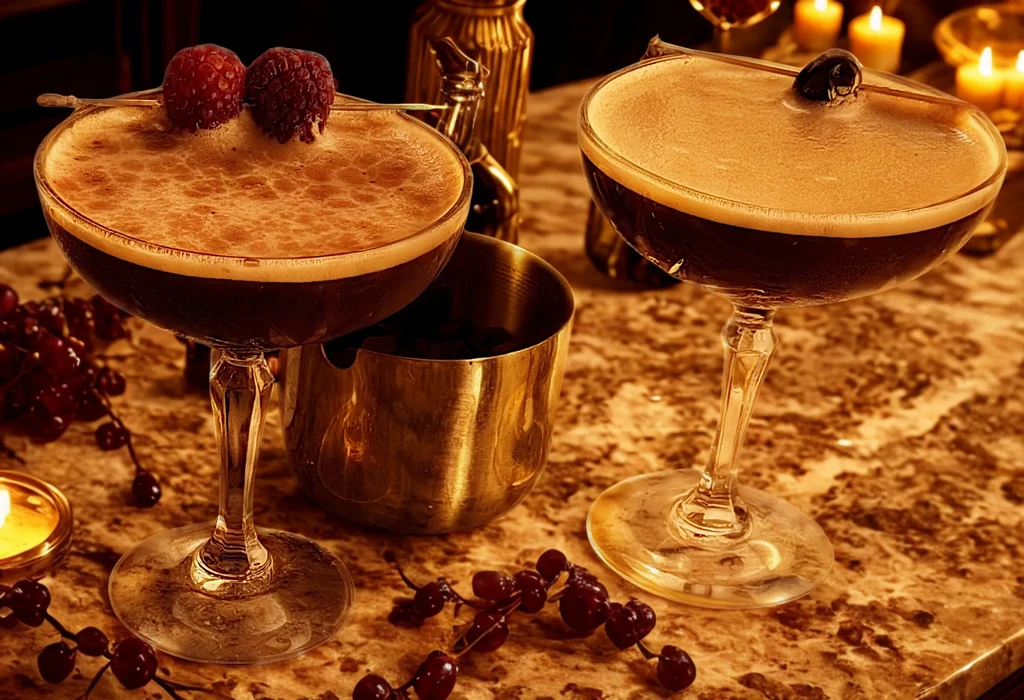 Dark foamy cocktails in coupe glasses, garnished with red and dark berries.