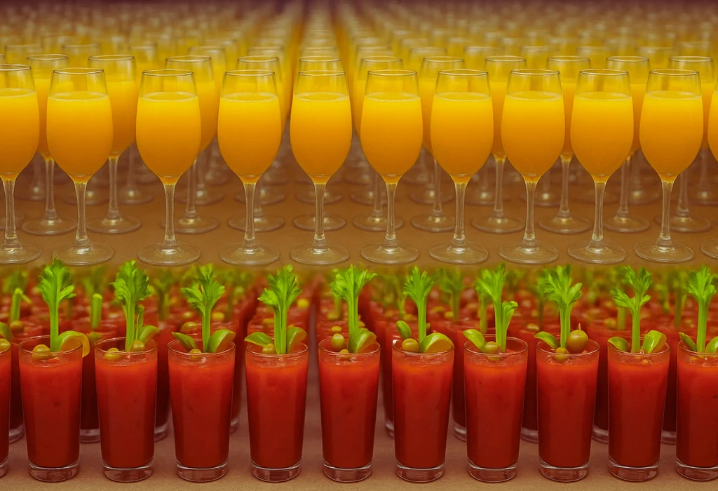 Top: orange mimosas. Bottom: garnished red Bloody Marys.