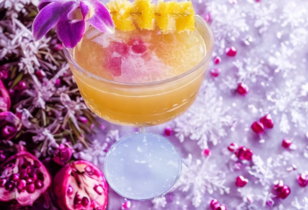 Yellow-orange cocktail with purple orchid, candied fruit, pomegranates, snowflakes.