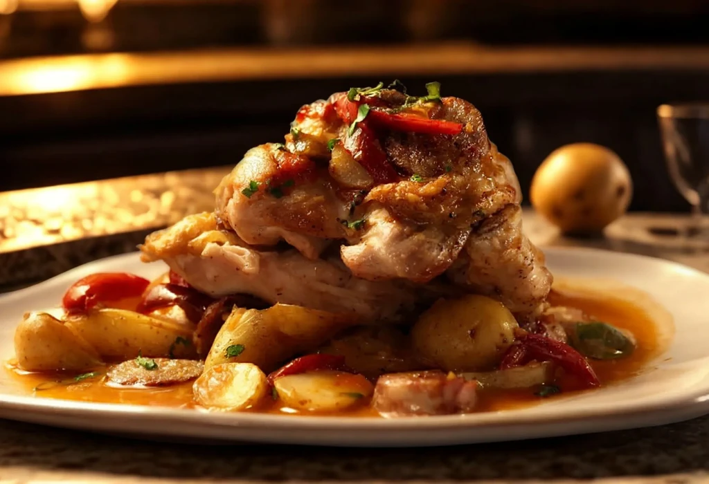 Rustic chicken, roasted potatoes, and round slices in a rich sauce.