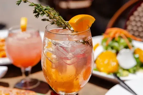 Iced reddish-orange drink with orange, herb, condensation, blurred background.