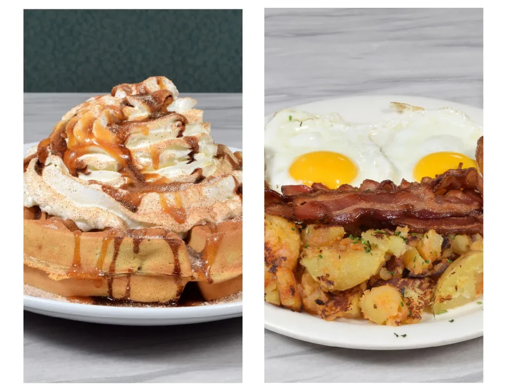 Waffle with whipped cream, and breakfast with eggs, bacon, and potatoes.