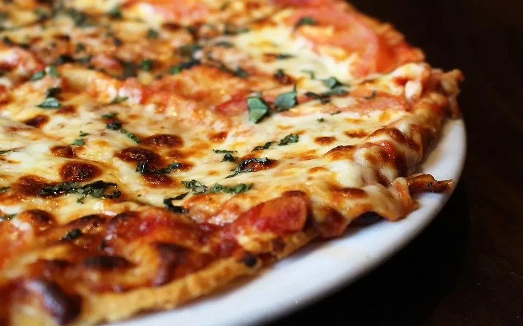 Close-up of a partially eaten pizza on a white plate.