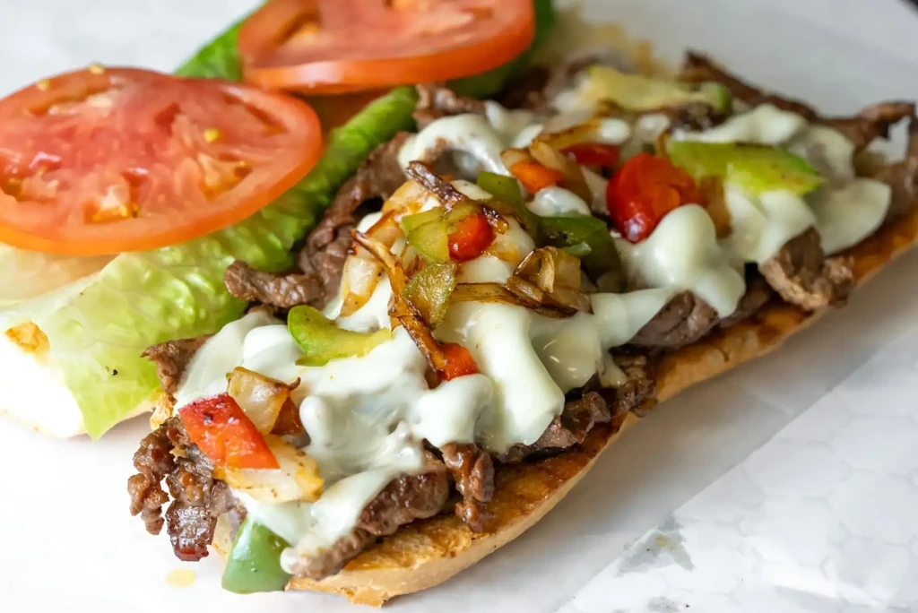 Cheesesteak sandwich with beef, melted cheese, bell peppers, onions, and tomatoes.
