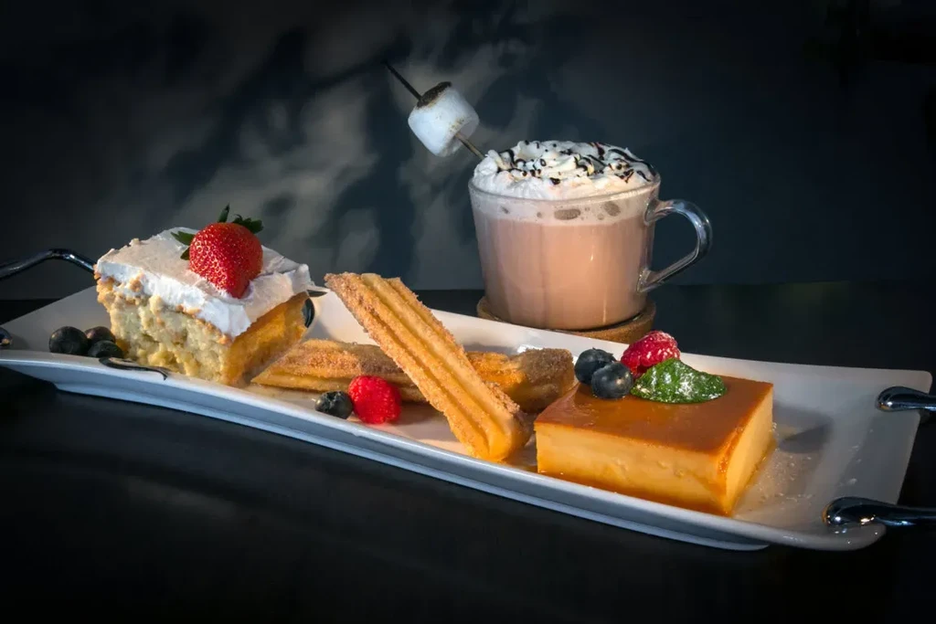 Dessert platter with tres leches cake, churros, flan, and hot chocolate.