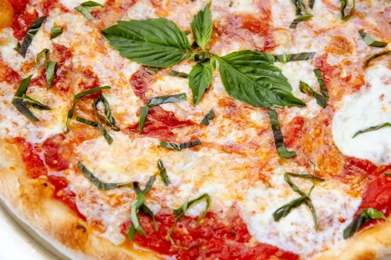 Close-up of a Margarita pizza with fresh basil leaves.
