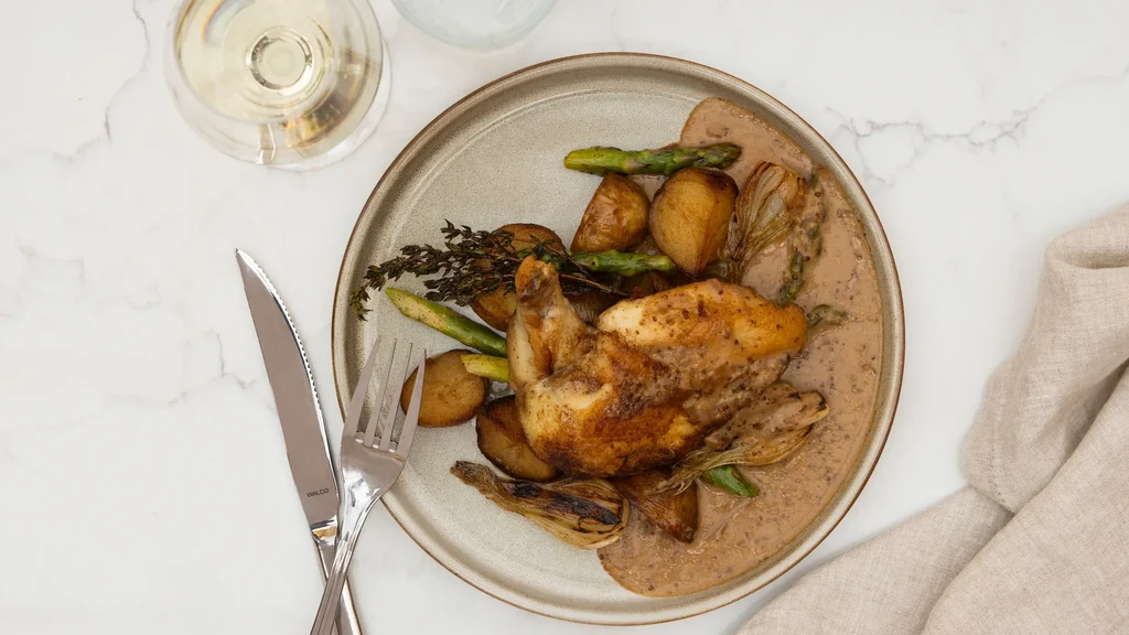 Plate of roasted chicken, potatoes, asparagus, and sauce with wine.