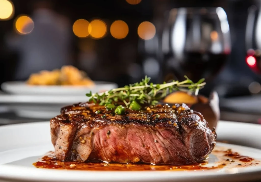 Medium-rare steak with grill marks and herbs on a white plate.