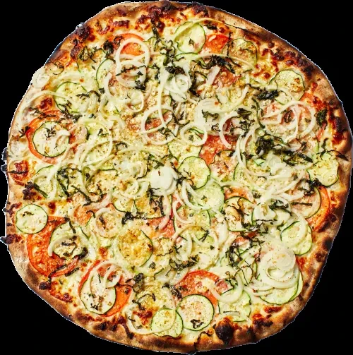 A whole pizza topped with sliced zucchini, tomatoes, onions, and herbs.